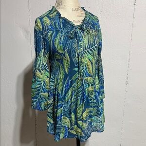 Ninety Blue and Green Leaf Print Blouse